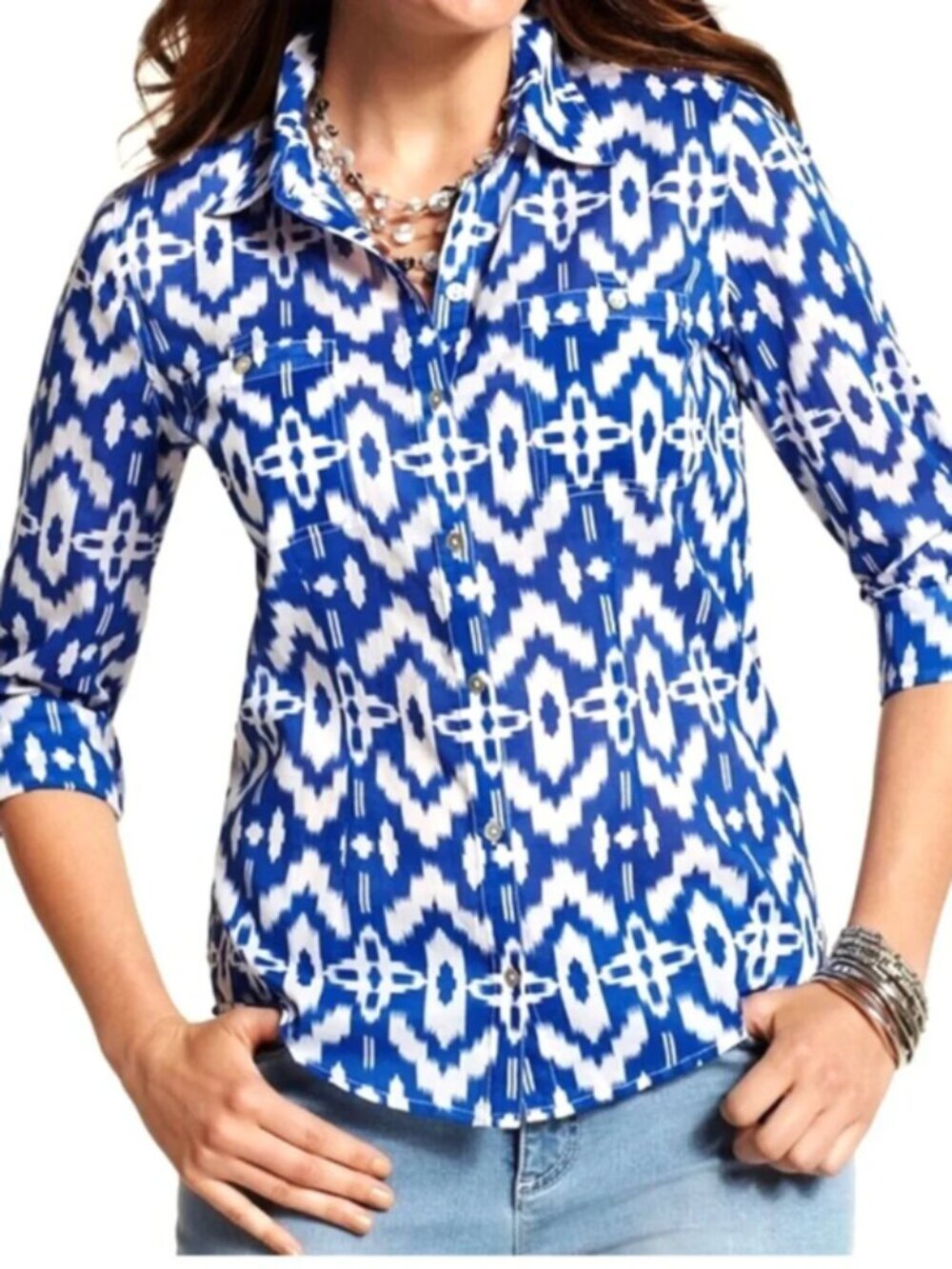 Chico's Blue White Light Weight Ikat Cotton Blouse size 0